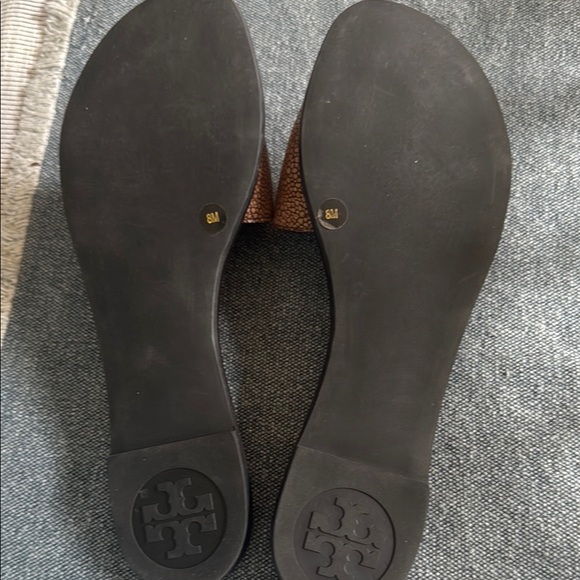 Tory Burch Brown and Gold Animal Print Leather Sandals Slides - Picture 7 of 8